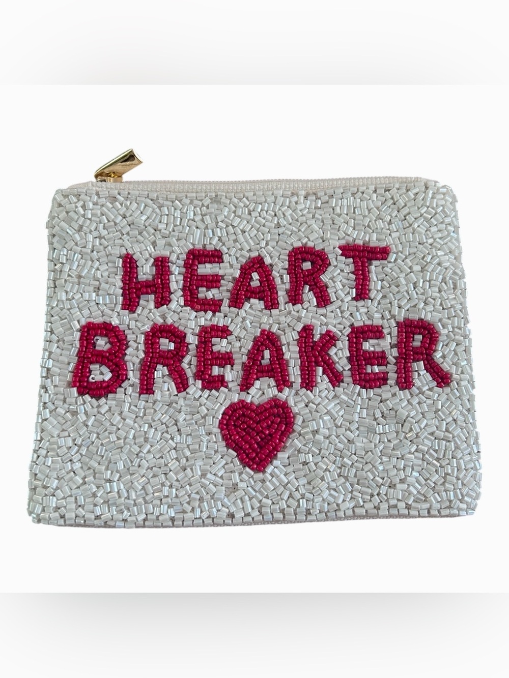 Heart Breaker Beaded White & Red Zip Pouch NWOT